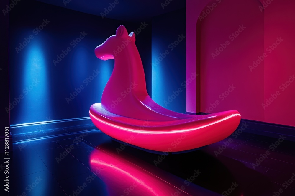 A creatively designed horse-shaped bench in bright pink glows under blue and purple lighting. This modern piece of furniture stands out against the contrasting dark walls and flooring.