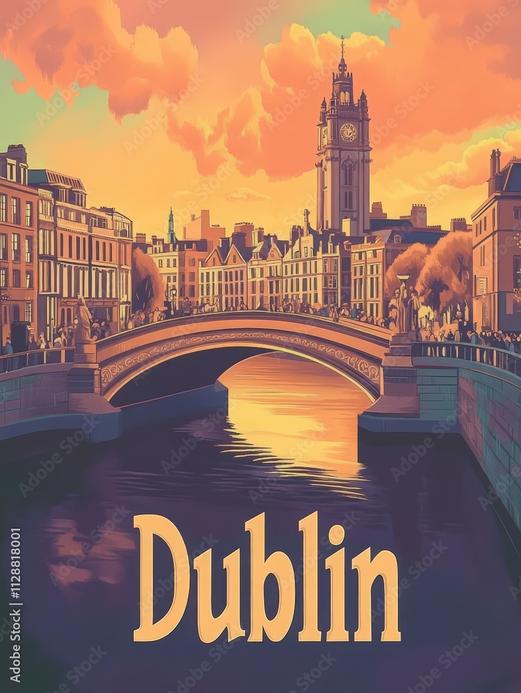 A vibrant sunset casts golden hues over Dublin, highlighting the iconic clock tower and charming architecture along the river. People stroll across the bridge, enjoying the serene atmosphere.