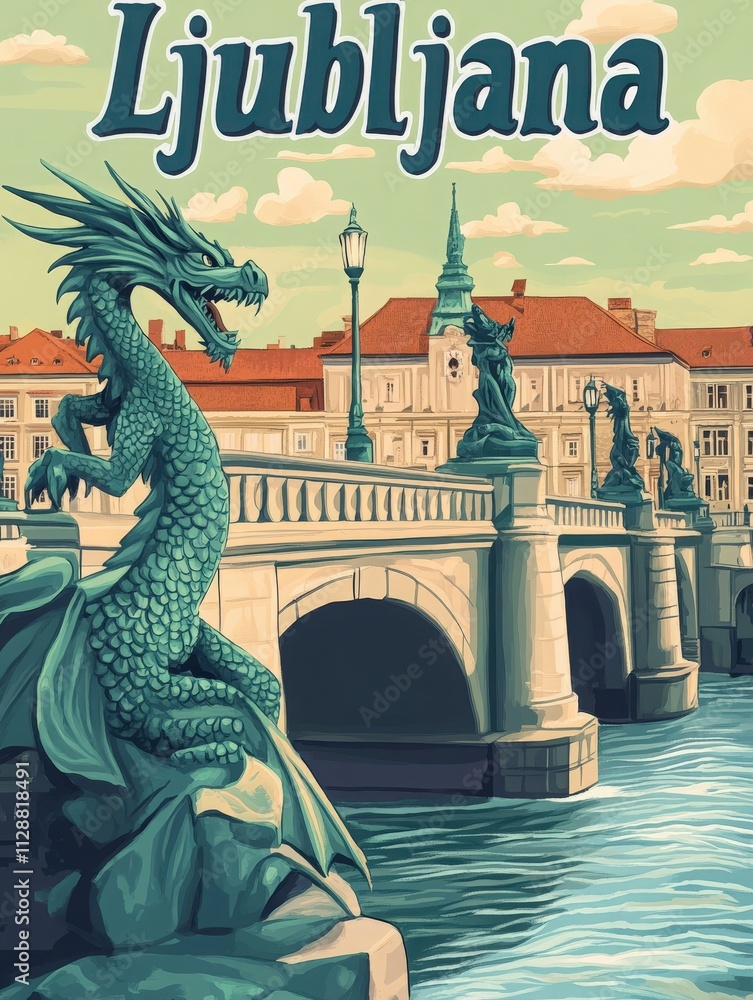 A dragon statue guards the bridge in Ljubljana, Slovenia. The ornate buildings reflect historical architecture while the river flows gently beside them, creating a picturesque urban landscape.
