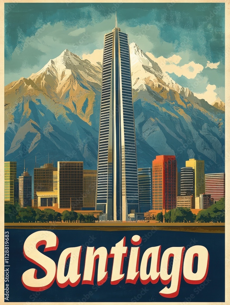 A stunning view of Santiagos skyline featuring a tall skyscraper amidst modern buildings, framed by snow-capped mountains. This captures the citys blend of nature and urban life beautifully.