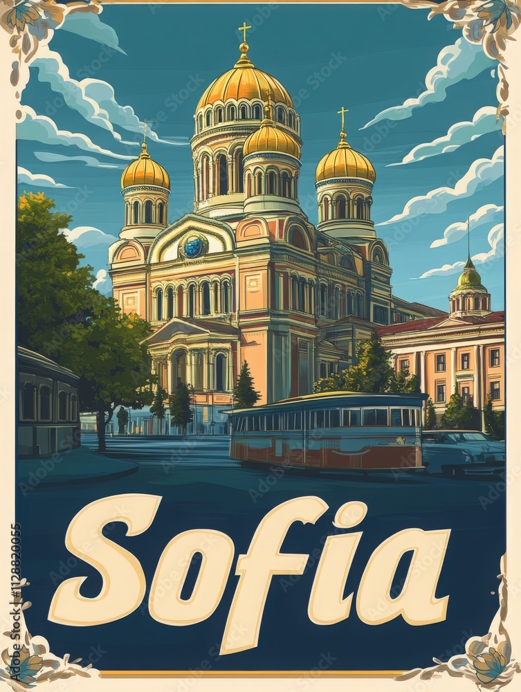 This artwork depicts a grand cathedral in Sofia, featuring impressive golden domes and intricate architecture. A historic tram passes by, framed by lush trees under a bright blue sky.