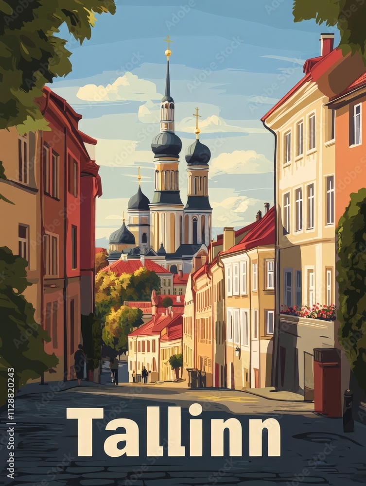 Colorful buildings line the cobblestone streets of Tallinn, leading to a stunning view of the historic church spires in the background under a clear sky.