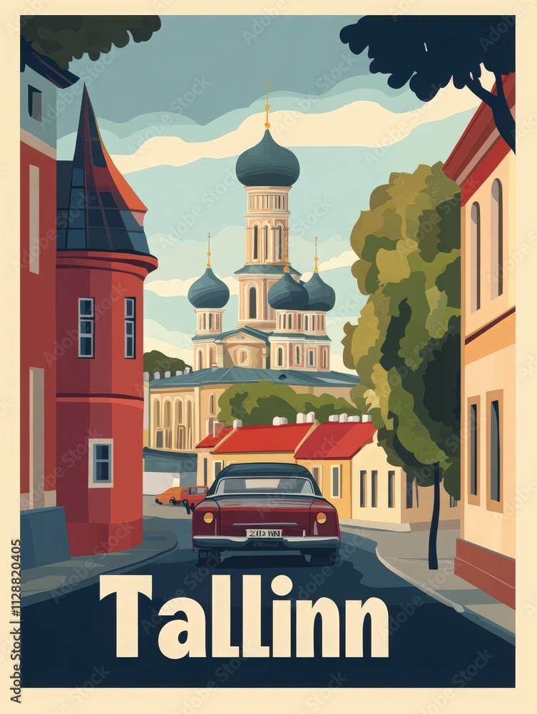 A classic car drives through the picturesque streets of Tallinn, showcasing colorful buildings and a stunning church with domed towers. The scene captures the essence of this vibrant city.