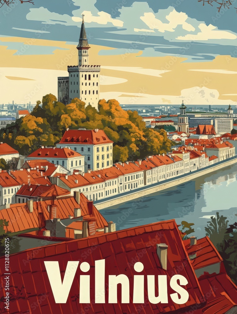 This vibrant illustration showcases the beautiful landscape of Vilnius, highlighting its historic architecture, a tower on a hill, and the tranquil river flowing through the city.