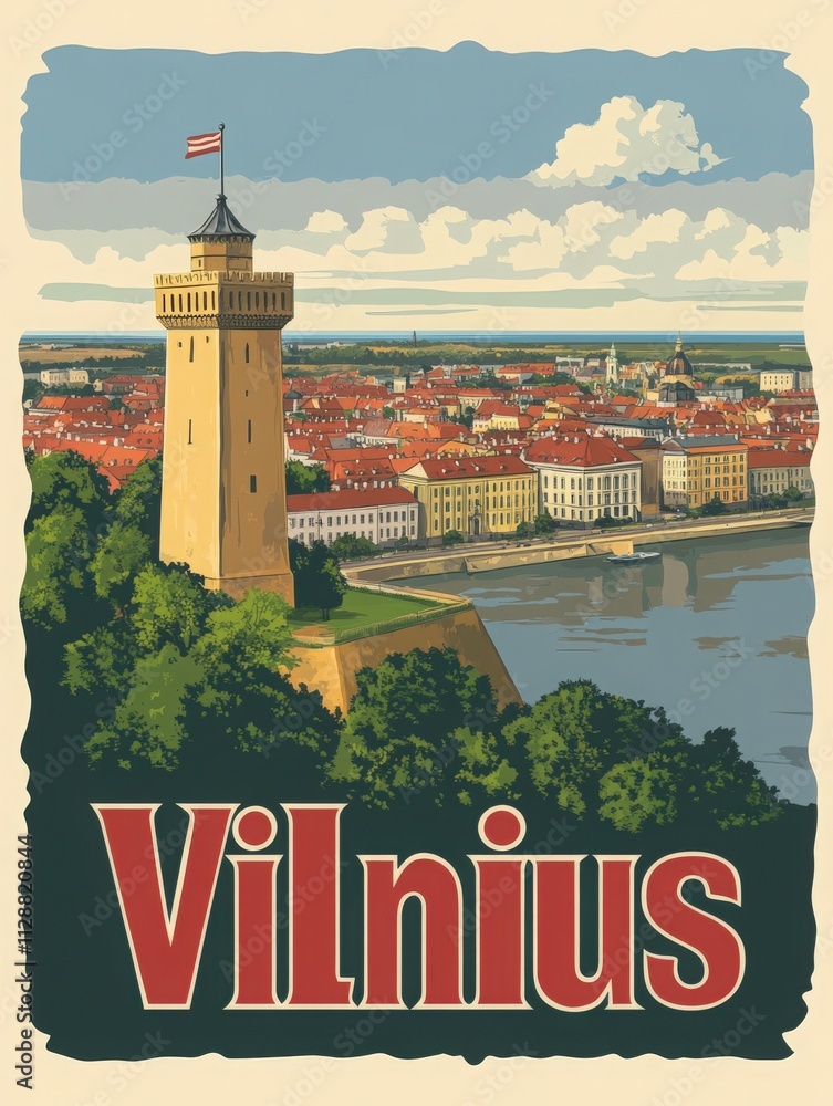 A panoramic view of Vilnius showcasing Gediminas Tower prominently rising above the city. The vibrant rooftops and the river create a picturesque landscape under a partly cloudy sky.