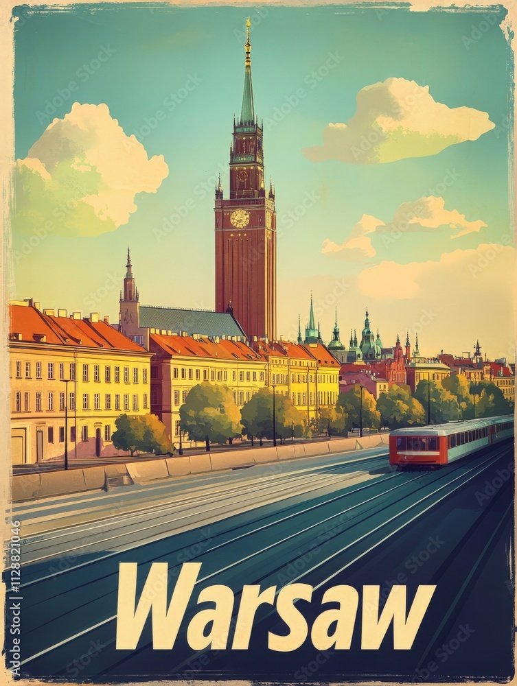 A picturesque view of Warsaw showcases the detailed architecture along the riverbank. The prominent clock tower stands tall against a clear sky.
