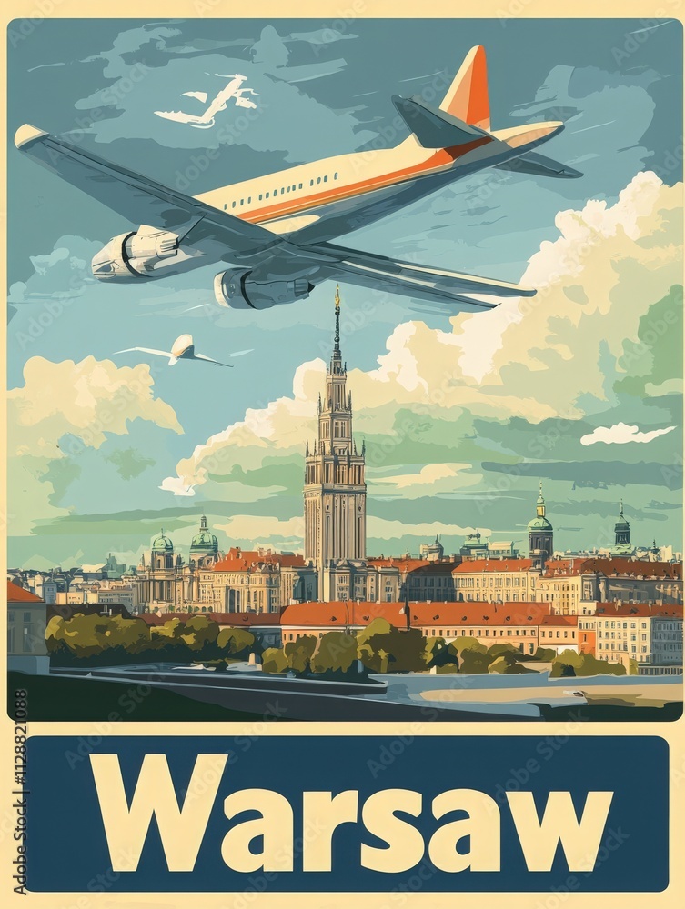 An airplane soars through the cloudy sky above Warsaw, showcasing the iconic skyline with historic buildings and the prominent tower. A picturesque scene representing the city.