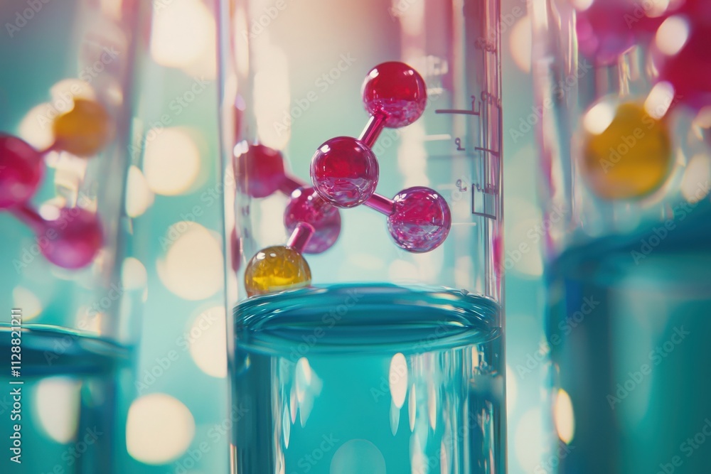 Vivid molecular models float in clear glass tubes filled with blue liquid.