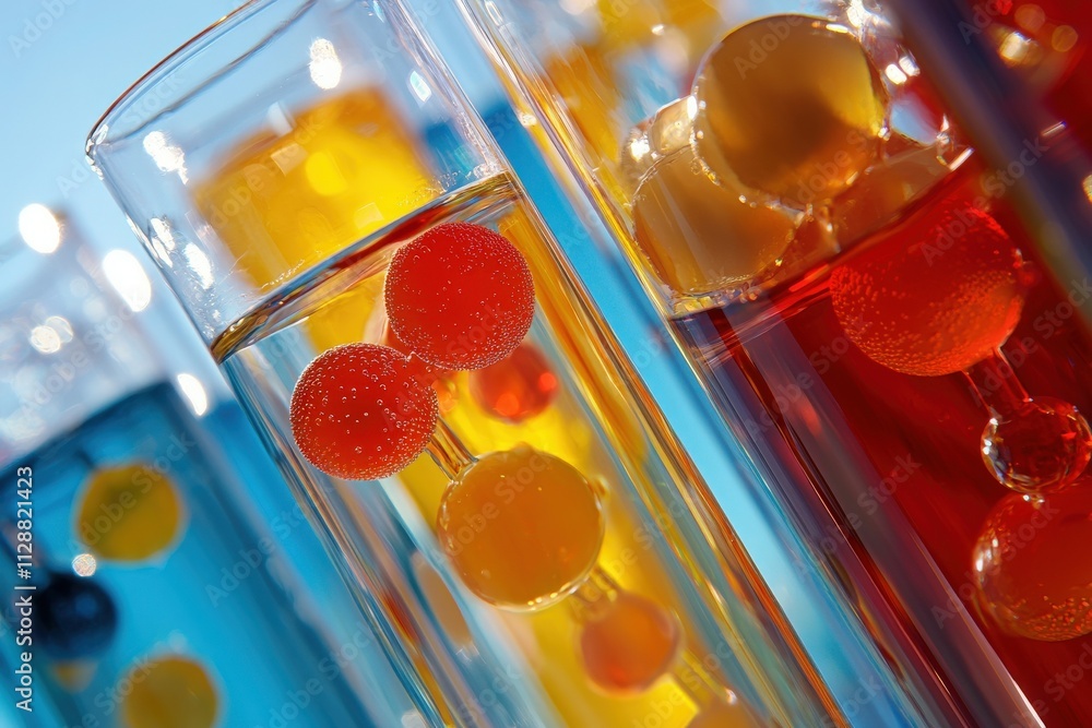 Brightly colored spheres float in various clear glasses filled with liquid under warm sunlight. The vivid colors create a lively atmosphere, perfect for a summer gathering or celebration.