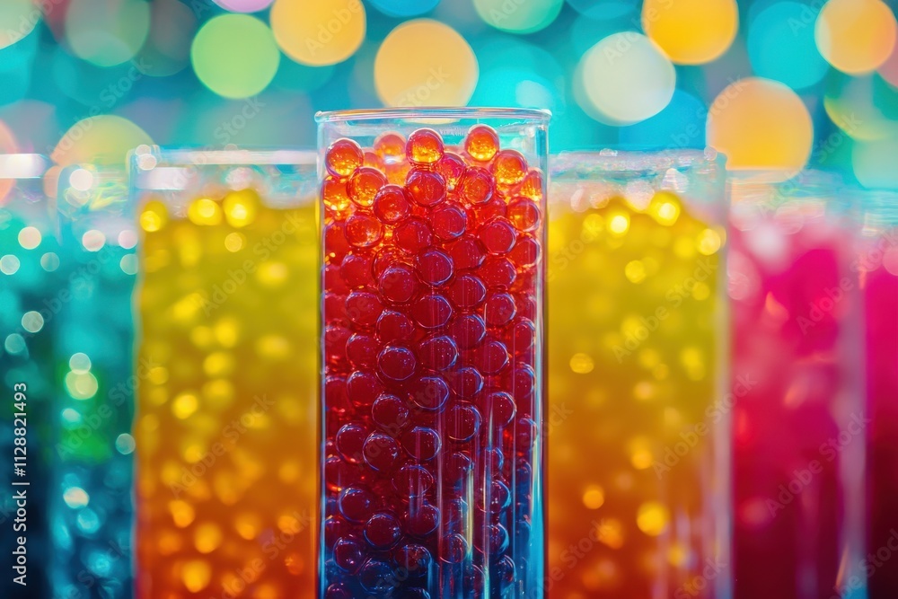 A collection of clear glasses filled with vibrant, colored bubbles sits on a surface. The background features bright, blurred lights, creating a festive atmosphere perfect for a celebration.