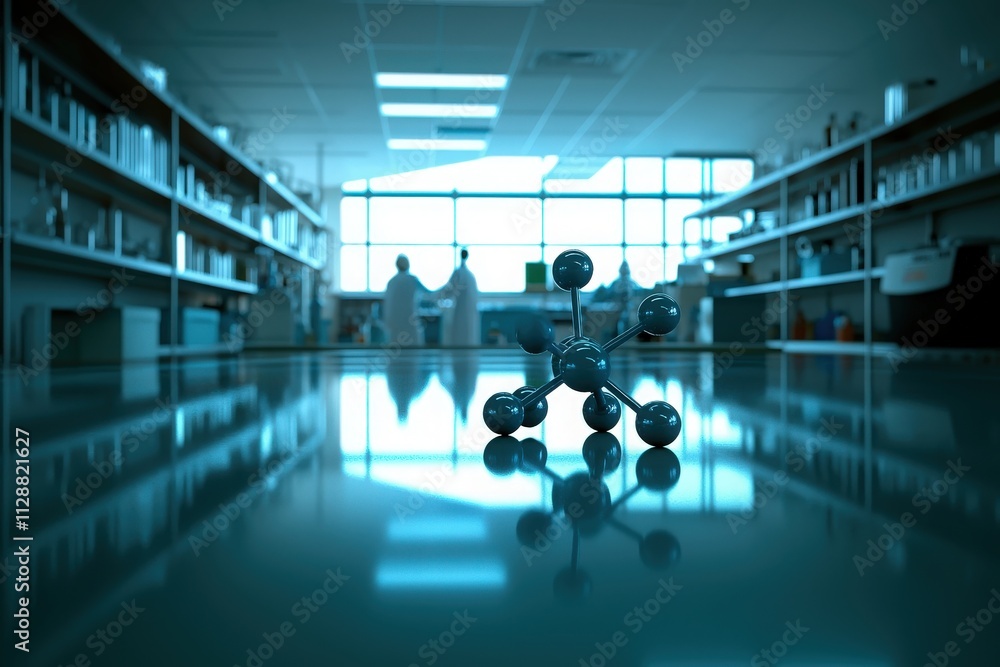 A molecule model stands prominently in the foreground of a laboratory filled with equipment. Two researchers in lab coats are visible in the background, engaged in discussion by large windows.