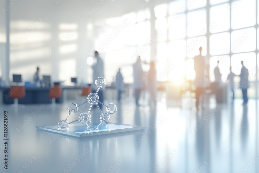 A molecular model rests on a clear surface while scientists work together in the background of a bright laboratory. Sunlight streams through large windows, creating an inspiring atmosphere.