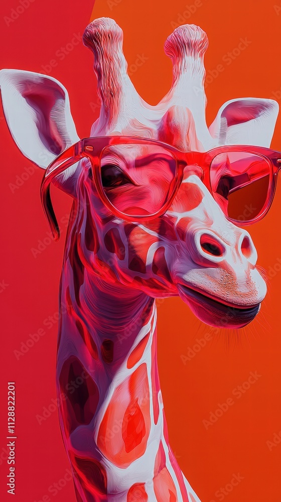 A giraffe with a smooth, colorful coat stands confidently, sporting red sunglasses against a vivid orange and red background. The artwork combines realism with a fun artistic flair.