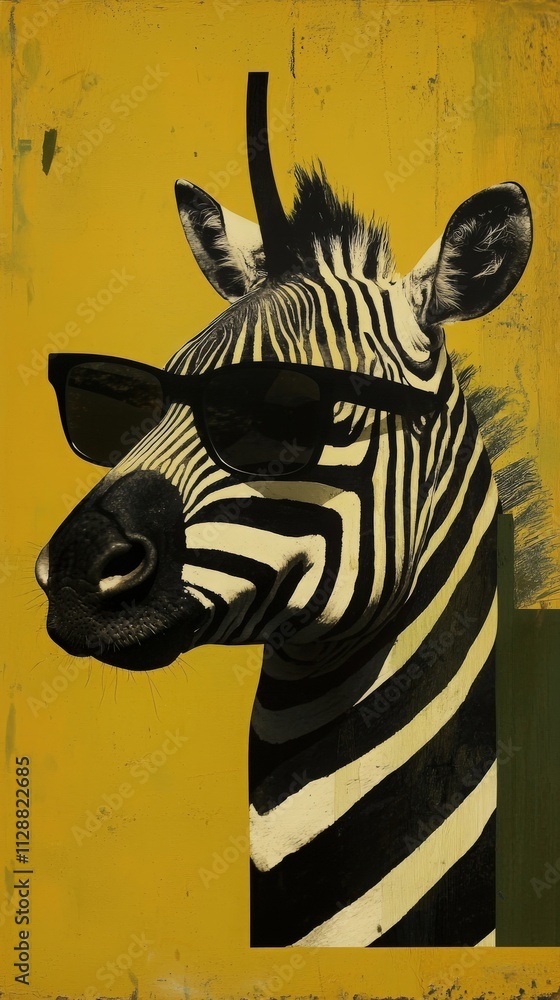 A zebra with distinctive black and white stripes showcases a confident look while wearing sunglasses. The vibrant yellow background enhances the striking visual impact of this unique portrait.