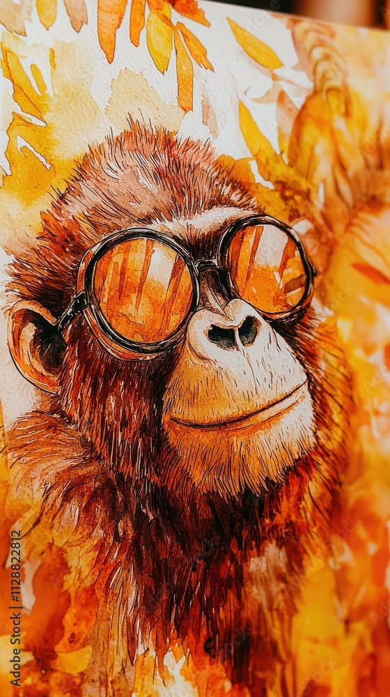 A cheerful monkey sports stylish sunglasses while surrounded by vibrant autumn leaves, capturing a moment of joy and whimsy in nature. The warm colors enhance the playful atmosphere.