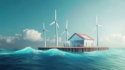Aufkleber - A modern floating house is situated on calm waters, surrounded by towering wind turbines that harness renewable energy.