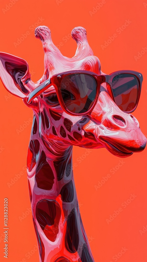A colorful giraffe sporting stylish sunglasses poses playfully in front of a vibrant orange backdrop. The unique look adds a fun and whimsical touch to the overall composition.