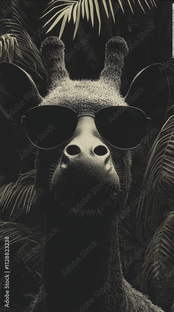 A giraffe stands confidently, sporting stylish sunglasses against a backdrop of dense greenery. The vibrant foliage enhances the animals unique features under bright daylight.