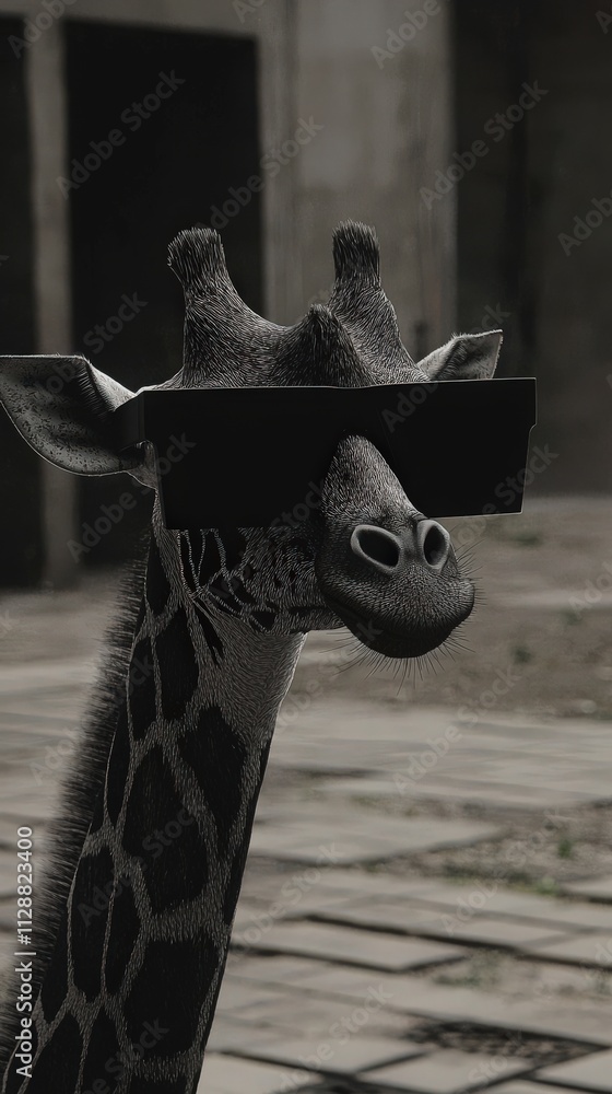 A giraffe stands confidently, sporting oversized sunglasses in a deserted urban area. The background features weathered structures and an empty ground, creating a unique juxtaposition.