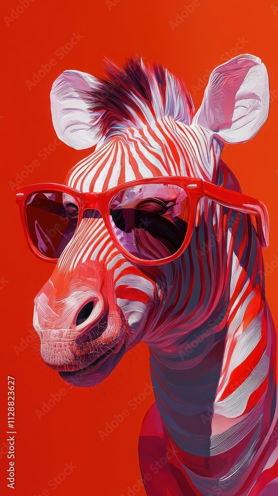 A zebra sports oversized red sunglasses, standing out against a bright red backdrop. The colorful design creates a playful and modern aesthetic, showcasing the unique features of the zebra.