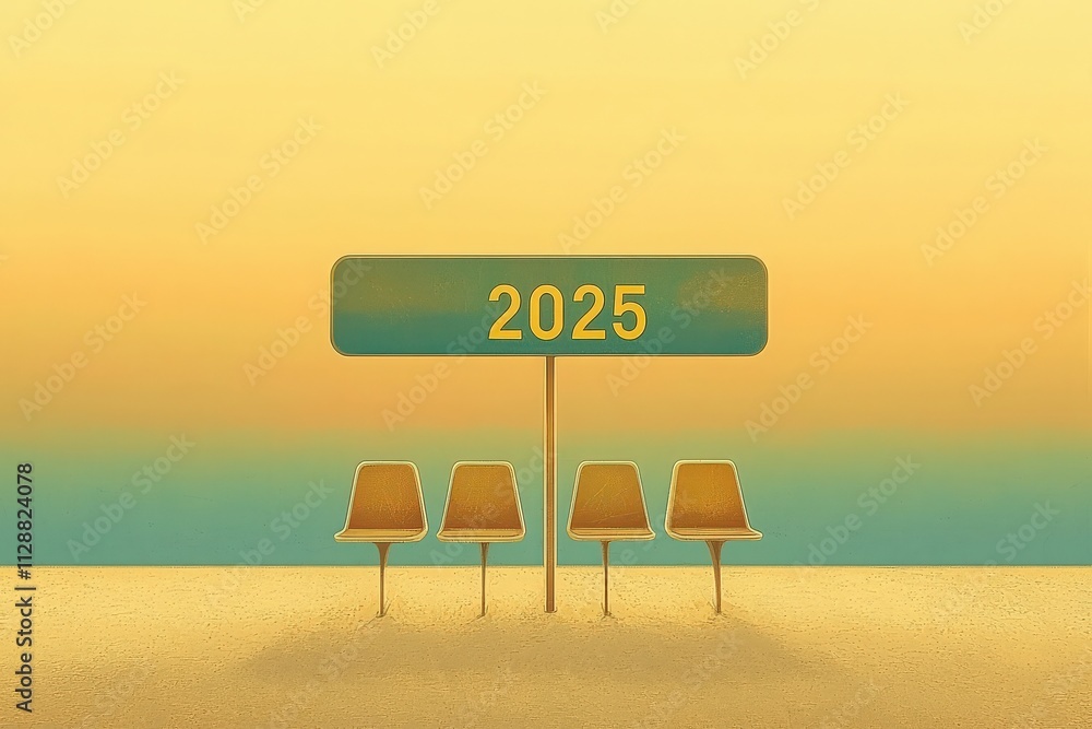 Empty yellow chairs arranged neatly in a waiting area with a sign displaying the year 2025. The background features a calm sunset creating a serene atmosphere.