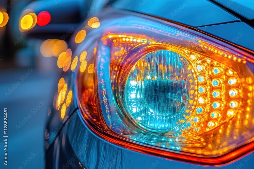 Brightly illuminated car headlight showcases colorful LED lights as it reflects the vibrant city ambiance during nighttime. The blurred lights in the background add a lively atmosphere.