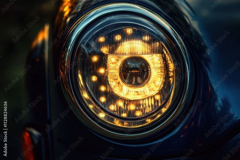 Close-up view of a modern car headlight featuring bright LED lights. The warm glow contrasts with the dark surroundings, highlighting its design and technology during early evening.