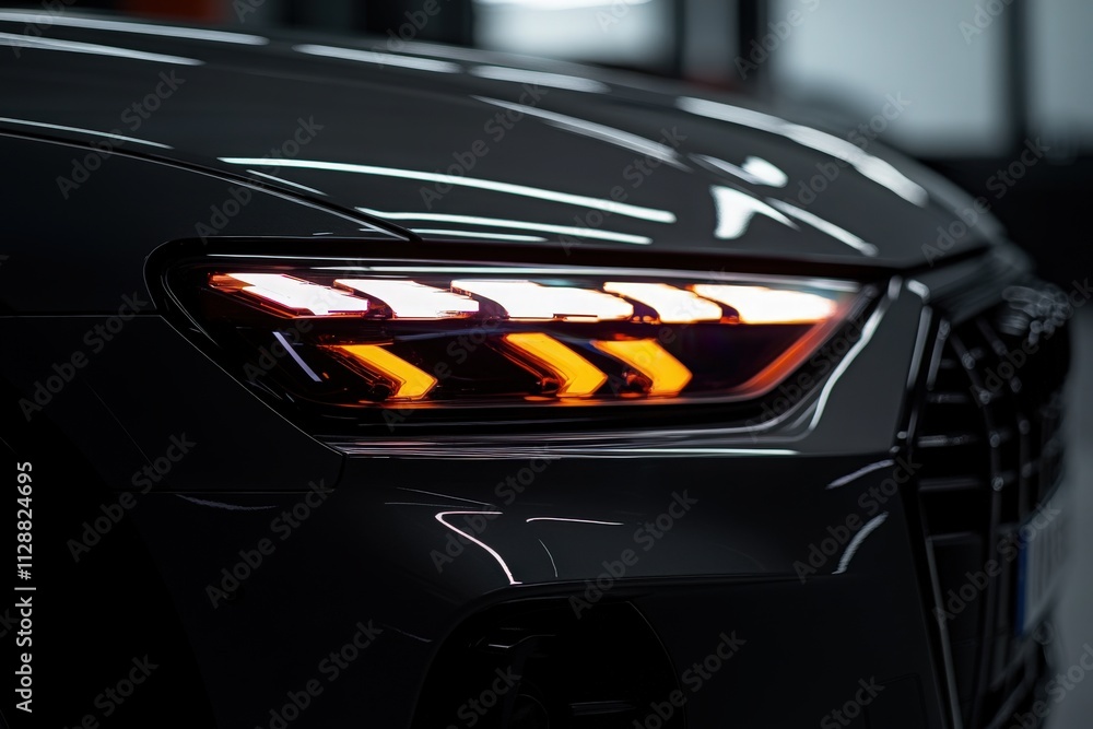 The close-up view of a stylish car headlight displays striking LED features glowing bright orange and white. The sleek contours highlight the modern design in a dimly lit showroom.