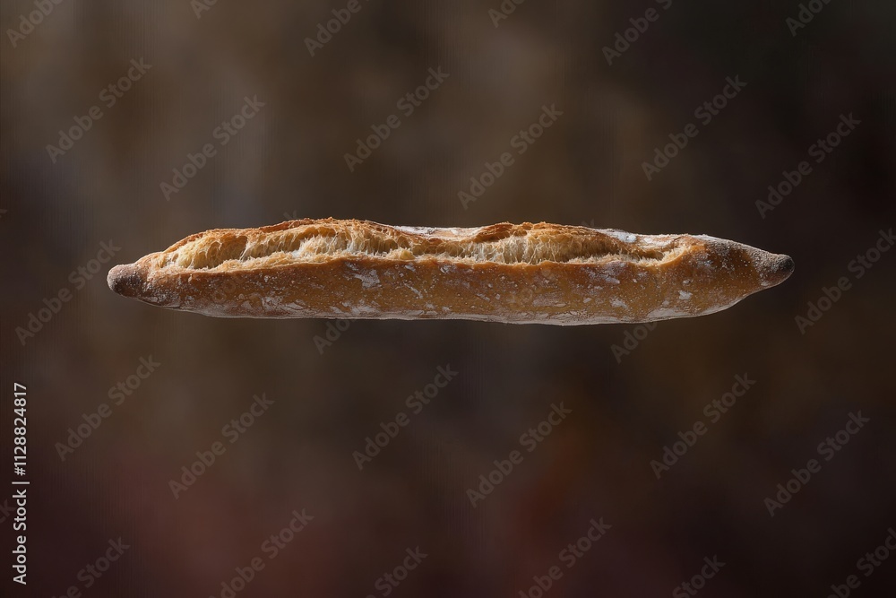 A perfectly shaped loaf of bread hovers in mid-air, showcasing its golden crust and soft interior.