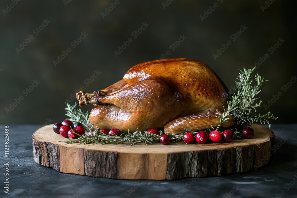A beautifully roasted turkey is displayed on a wooden platter, surrounded by fresh cranberries and herbs. The setting evokes a cozy, festive atmosphere perfect for holiday gatherings.