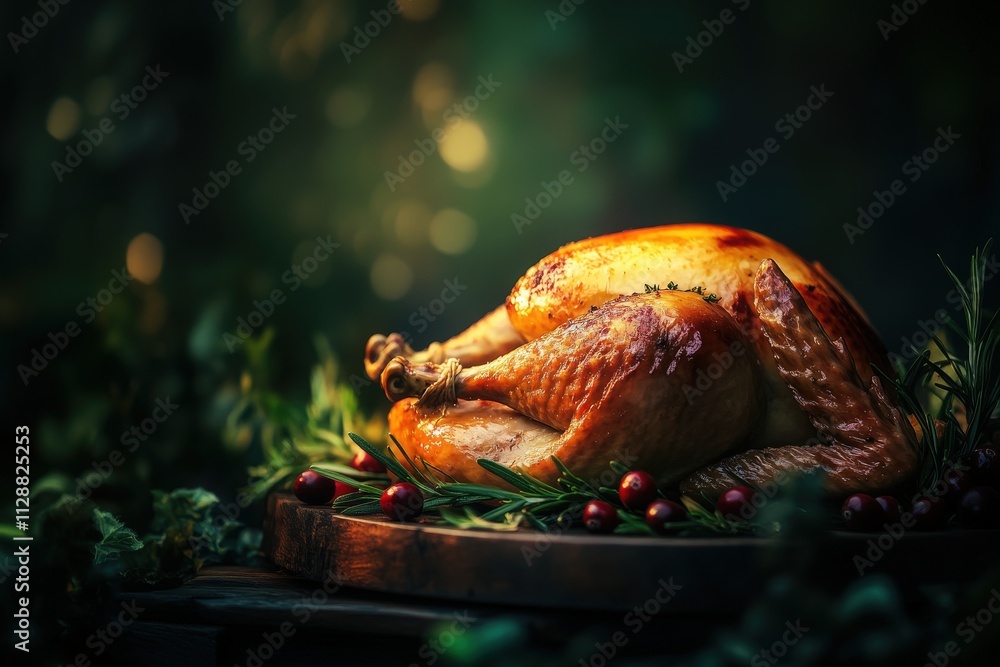 A beautifully roasted turkey rests on a wooden platter, garnished with fresh herbs and cranberries. Rich lighting creates a warm and inviting atmosphere, perfect for a festive gathering.
