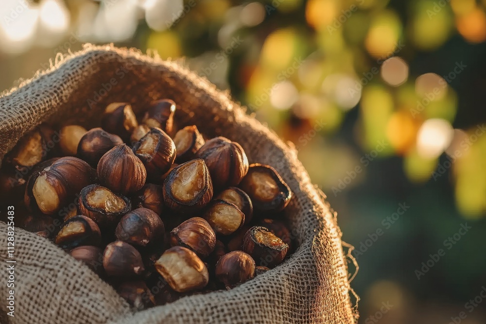 Harvested chestnuts fill a burlap sack, showcasing their glossy shells. The warm sunset light highlights the natural setting, creating an inviting and serene atmosphere.