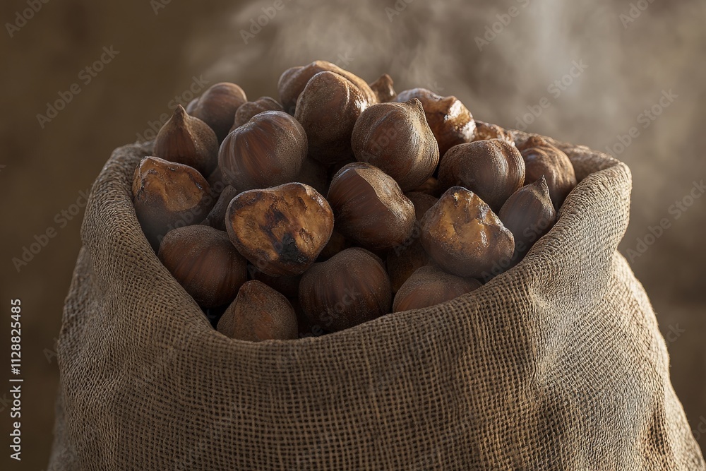 A burlap sack filled with freshly roasted chestnuts emits steam, showcasing a warm and inviting atmosphere perfect for autumn or winter gatherings and festivities.