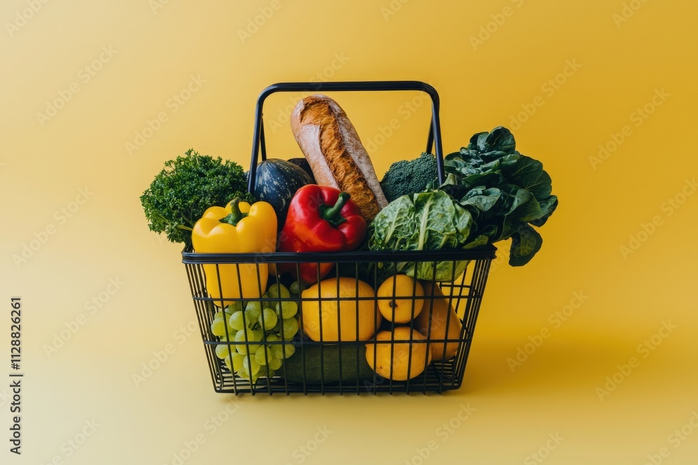 A grocery basket brimming with vibrant fruits and vegetables is showcased against a bright yellow background. Fresh produce includes leafy greens, peppers, and citrus fruits.