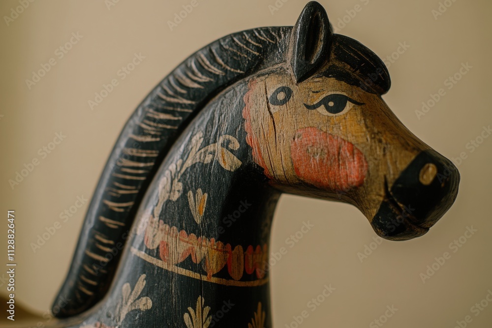 A beautifully crafted wooden horse sculpture features detailed decorations in vibrant colors. The subject is prominently displayed against a simple background, highlighting its artistry.