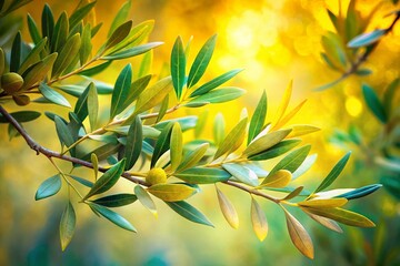 Wall Mural - Close-Up Double Exposure Photography of an Olive Tree Branch with Green and Yellow Leaves Blending Nature's Beauty in a Stunning Visual Composition