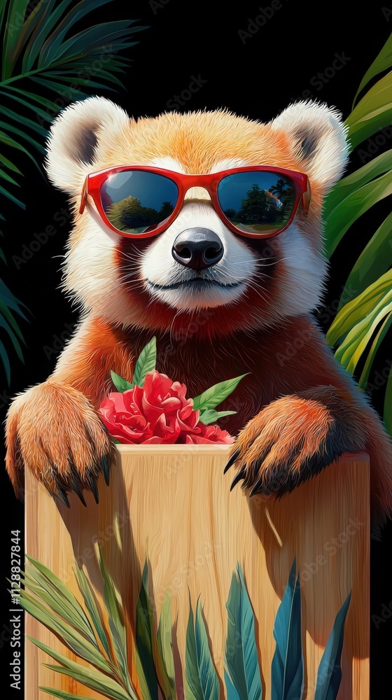 A cheerful red panda with sunglasses is playfully perched on a wooden box filled with tropical flowers and lush green leaves. The lively atmosphere highlights the pandas playful spirit.