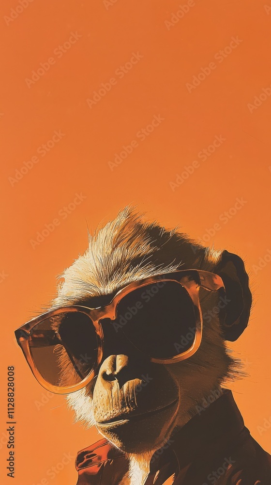 A monkey is playfully posing with oversized sunglasses on its face, showcasing a confident demeanor. The backdrop features a bright orange hue, enhancing the playful mood of the moment.