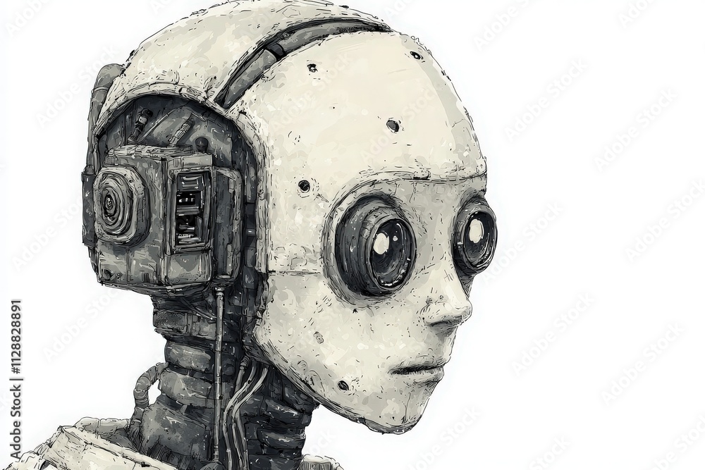 A humanoid robot with a smooth, weathered exterior and large round eyes features intricate mechanical components.