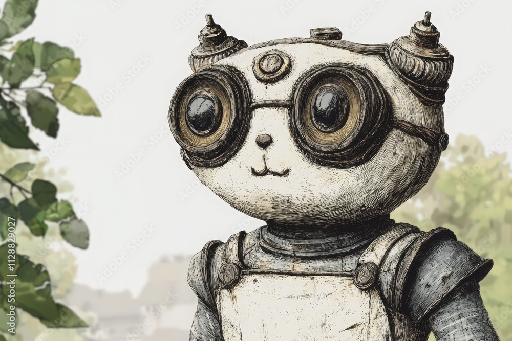 A charming mechanical panda with large goggles and a mechanical body stands outdoors. Its design features intricate details, highlighting it within a subtle, soft-focus environment.