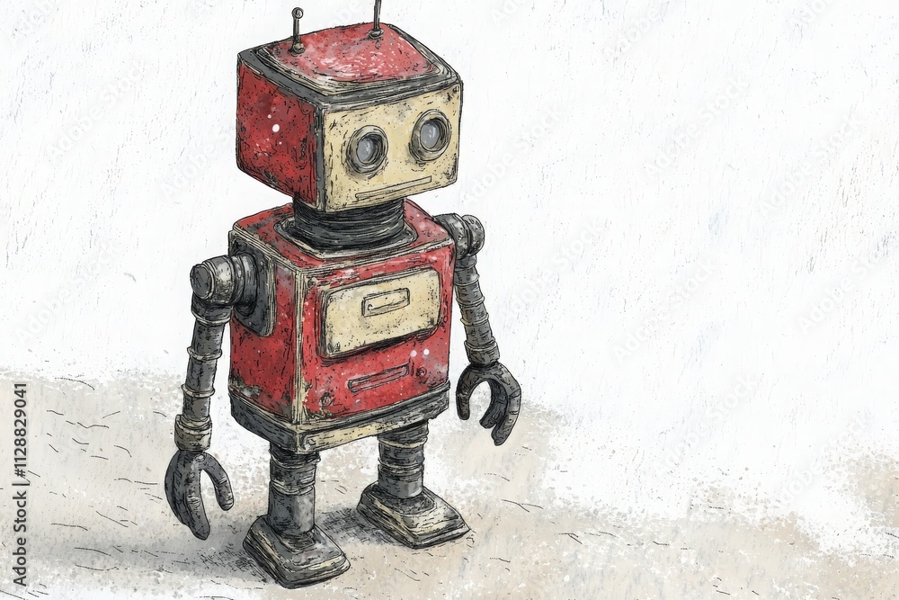 A vintage robot with a red and beige body stands alone against a soft, white background.