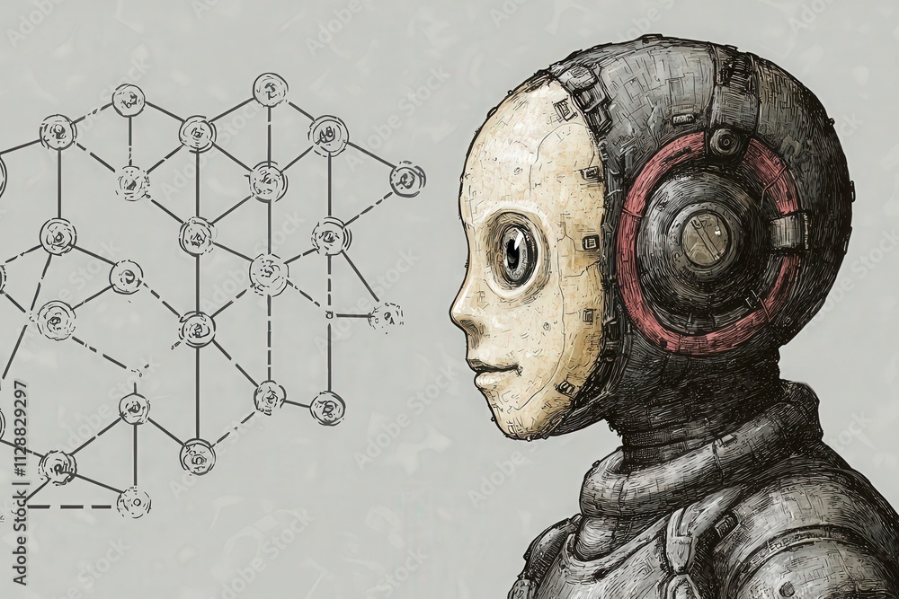 A futuristic robot with a distinctive design observes a detailed network diagram. The focus is on the robots facial features and the intricate connections of the diagram, highlighting technology.