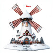 © NongKirana - snow covered windmill adorned with holiday decorations creates charming winter scene. festive atmosphere is enhanced by surrounding snowy landscape and evergreen trees