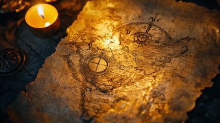 golden parchment map with ancient markings, intricate details, illuminated by soft candlelight, atmosphere of discovery and adventure, perfect for treasure hunts