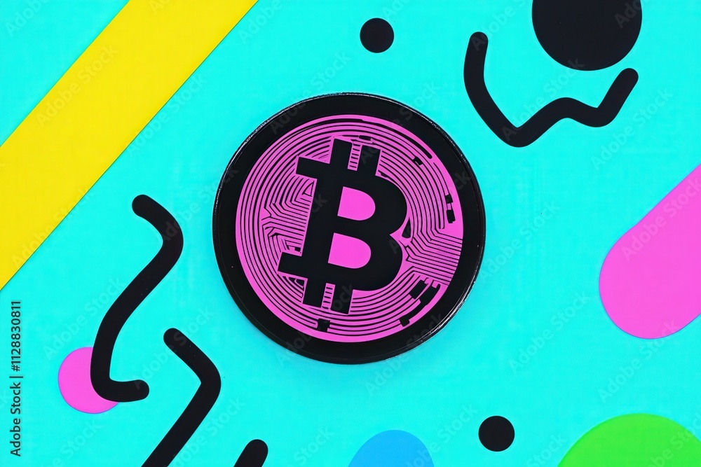 A bitcoin coin prominently displayed on a bright, multicolored background filled with abstract shapes. The design features playful patterns that enhance the visual appeal.