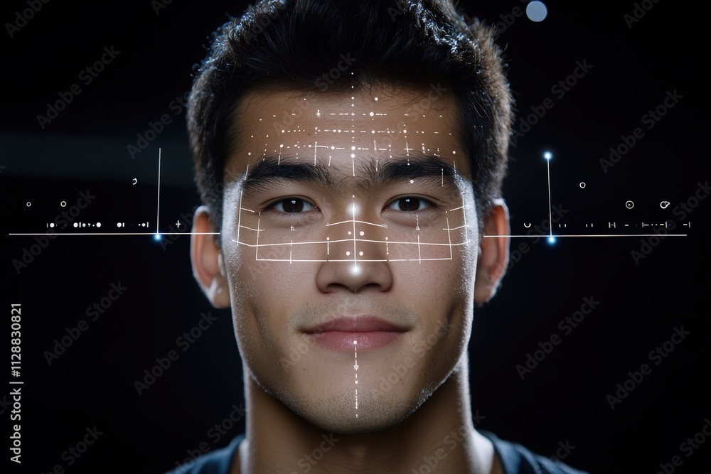 A young man with a neutral expression stands under bright lights while facial recognition technology scans his features. The room appears dark with visible digital patterns overlaying his face.