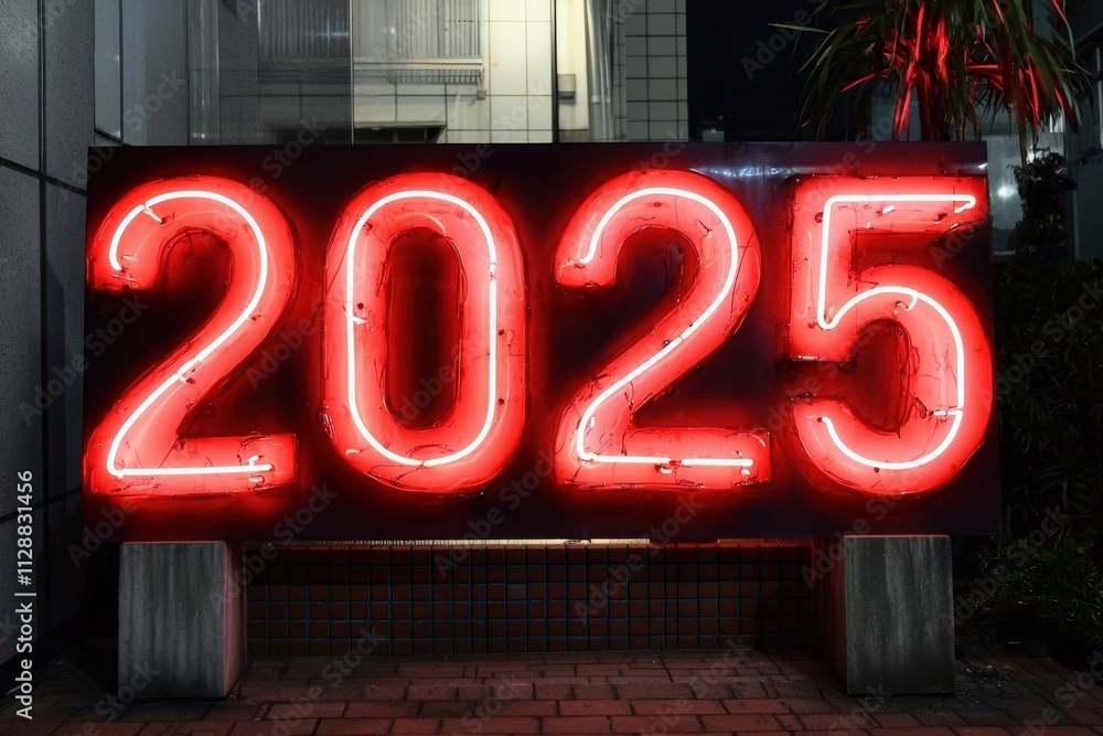 A vibrant neon sign illuminated in red shows the number 2025. Situated in an urban area, the sign glows against a dark sky, capturing attention at night.