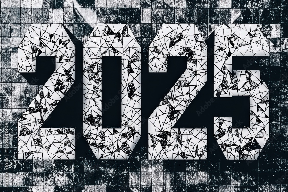 A bold design features the year 2025, depicted with a fractured, artistic style against a textured dark background, symbolizing a fresh start and creativity for the upcoming year.