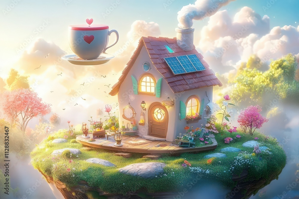 A whimsical cottage floats above a vibrant landscape filled with flowers, trees, and a large cup of coffee. Soft clouds fill the sky as sunlight bathes the scene in warmth and color.