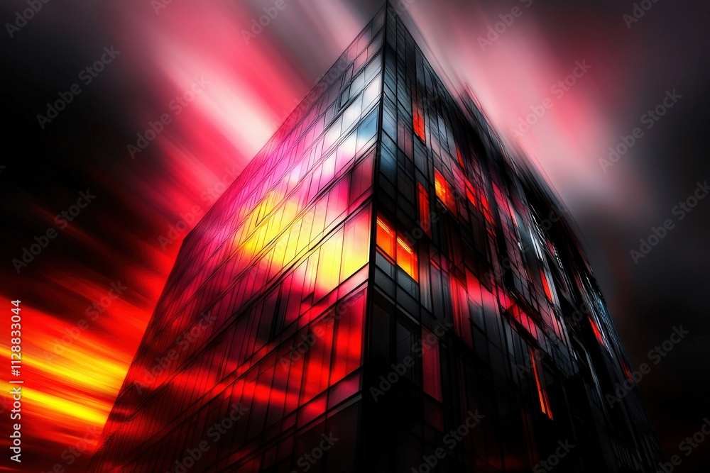 Bright hues reflect off the facade of a modern urban building as dramatic cloud formations swirl above. A captivating interplay of light creates an energetic atmosphere during twilight hours.